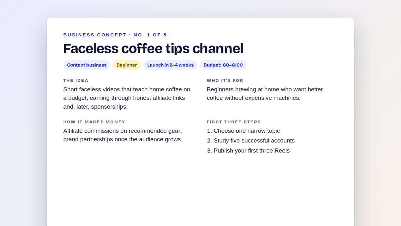 Example result: a business concept for a faceless coffee tips channel