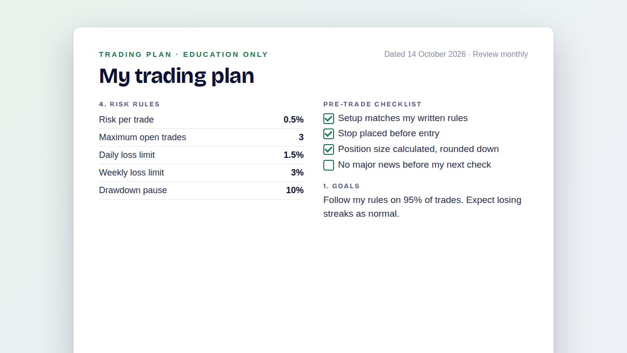 Example result: a written trading plan with risk rules and a pre-trade checklist